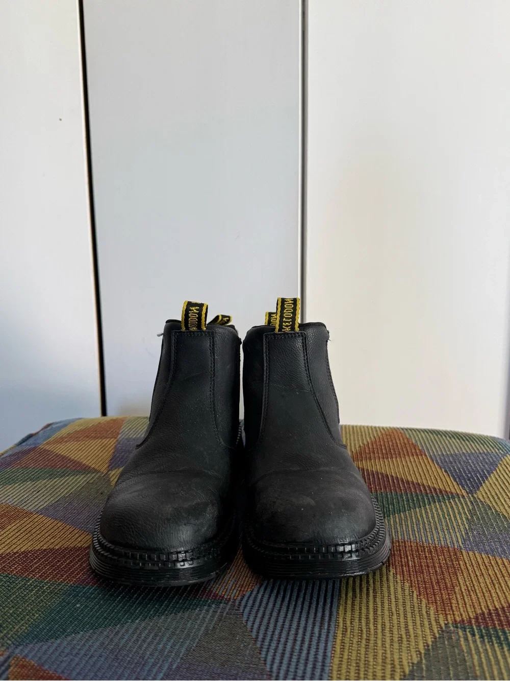 Black Leather Chelsea Boots with Yellow Pull Tabs
